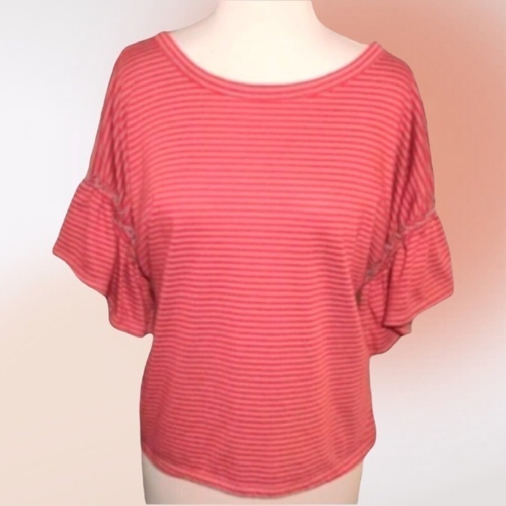 Umgee Oversized Striped Tee Ruffled Sleeves S/M